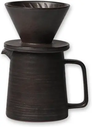 Stoneware Handmade Pour Over Coffee Maker Set, Ceramic Coffee Brewer Hand Drip Cone Dripper & Coffee Pot Microwaveable Decanter, Retro Metallic Glaze, 16oz