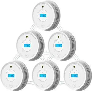 Smoke Carbon Monoxide Detector, Interlinked Combination Smoke CO Alarm, Battery Powered, Wireless Interconnected, Digital Display, SC-RF220, 6-Pack