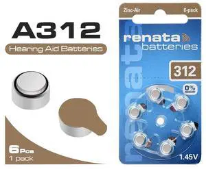 6 Pcs 1.45V 165mAh A312 Zinc Air Hearing Aid Battery 312 312A 312AP 312HP 312HPX 312P 312PA 312SA 312ZA Button Batteries
