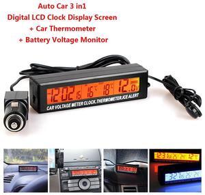 Car Digital Auto Thermometer Voltmeter Clock Volt 3 in 1 Temperature Monitor 12V Outdoor Indoor LCD Cigarette Socket Backlight