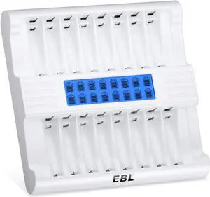 Good Product Outlet 16 Bay AA AAA Battery Charger with Smart LCD Display, Individual Fast Battery Charger for AA AAA NiMH Rechargeable Batteries with AC Plug Cable