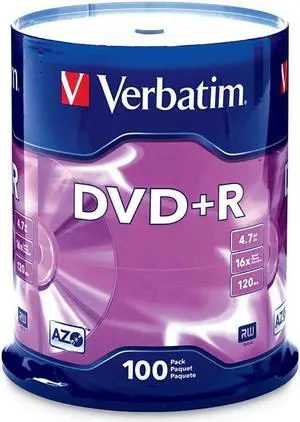 Verbatim DVD+R Blank Discs AZO Dye 4.7GB 16X Recordable Disc - 100 Discs Spindle Silver Frustration Free Packaging