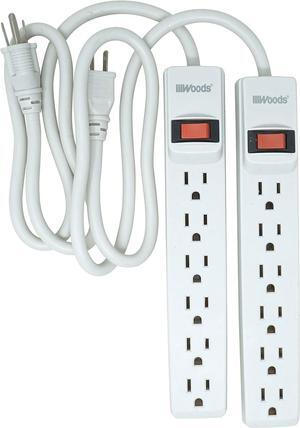 Woods 41435 Power Strip with 6 Outlets, 2.5 Cord and Durable White Housing, 2 pack, 2-Pack