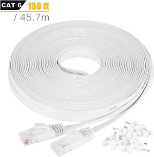 Cat6 Ethernet Cable 150 ft White with Free White Cable Clips - Ikerall RJ45 Flat Ethernet Patch Cable Internet Wire 150 Feet(45 Meters)