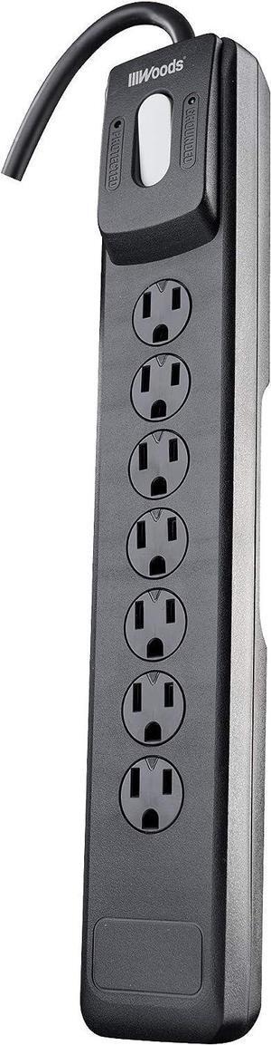 Woods 41496 Surge Protector With Safety Overload Feature 7 Outlets And 10 Ft Cord For 1440J Of Protection, Black