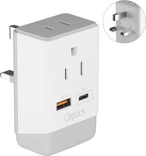 Ceptics UK Ireland Hong Kong Plug Adapter, International Power Plug with USB & USB-C - 2 USA Socket, QC 3.0 & PD - Type G Outlet Adapter for USA to British England Scotland London - Fast Charging