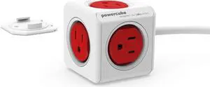 Allocacoc, PowerCube |Extended|, 5 outlets, 5 feet cable, Mounting dock, Surge Protection, Childproof Sockets, ETL Certified (Red)