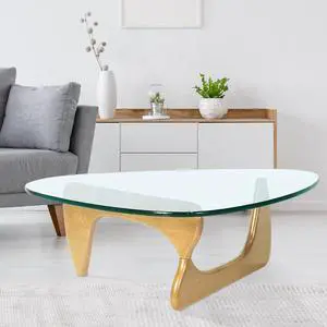 Triangle Modern Coffee Table in Solid Wood Base & 19MM Clear Glass Table Top Side End Table Fit for Noguchi Style - Natural Wood