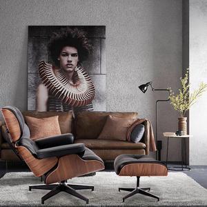 Lounge Chair and Ottoman Mid Century Modern Style Classic Replica Armchair Recliner Furniture- Genuine Leather, Plywood and Aluminum Alloy Heavy Duty Support, for Living Room, Lounge- Walnut & Black