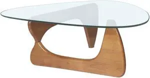 Triangle Modern Coffee Table in Solid Wood Base & 12MM Clear Glass Table Top Side End Table Fit for Noguchi Style - Light Walnut