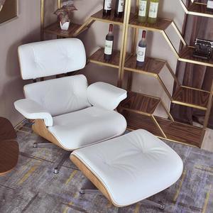 Lounge Chair and Ottoman Mid Century Modern Style Classic Replica Armchair Recliner Furniture- Genuine Leather, Plywood and Aluminum Alloy Heavy Duty Support, for Living Room, Lounge- Ashwood & White