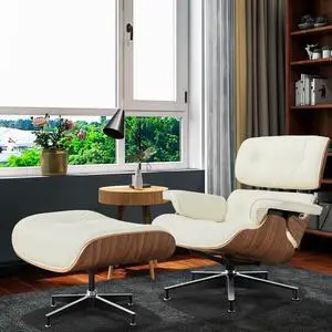 Lounge Chair and Ottoman Mid Century Modern Style Classic Replica Armchair Recliner Furniture- Genuine Leather, Plywood and Aluminum Alloy Heavy Duty Support, for Living Room, Lounge- Walnut & Cream