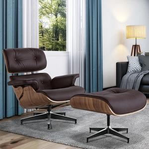 Lounge Chair and Ottoman Mid Century Modern Classic Replica Armchair Recliner Furniture- Genuine Leather, Plywood and Aluminum Alloy Heavy Duty Support, for Living Room, Lounge- Walnut & Dark Brown