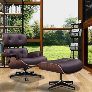 XL Lounge Chair and Ottoman Mid Century Modern Classic Replica Armchair Recliner Furniture- Genuine Leather, Plywood and Aluminum Alloy Heavy Duty Support, for Living Room, Lounge- Walnut & Dark Brown