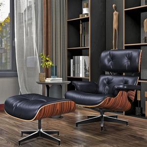 XL Lounge Chair and Ottoman Mid Century Modern Style Classic Replica Armchair Recliner Furniture- Aniline Leather, Plywood and Aluminum Alloy Heavy Duty Support, Living Room, Lounge- Palisander&Black