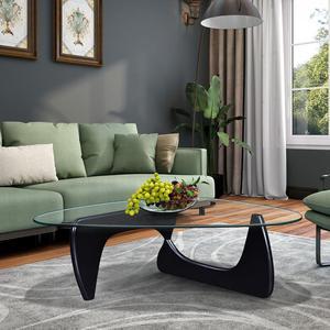 Triangle Modern Coffee Table in Solid Wood Base & 12MM Clear Glass Table Top Side End Table Fit for Noguchi Style - Black