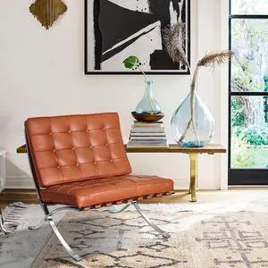 TOOMOO Classic Lounge Chair, Foldable Genuine Leather Side Chair Club Chair with Stainless Steel Frame for Bedroom Living Reading Room, Tan