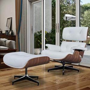 XL Lounge Chair and Ottoman Mid Century Modern Classic Replica Armchair Recliner Furniture- Genuine Leather, Plywood and Aluminum Alloy Heavy Duty Support, for Living Room, Lounge- Walnut & White