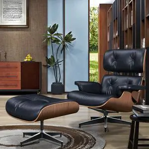 Lounge Chair and Ottoman Mid Century Modern Style Classic Replica Armchair Recliner Furniture- Aniline Leather, Plywood and Aluminum Alloy Heavy Duty Support, Living Room, Lounge- Walnut&Black XL