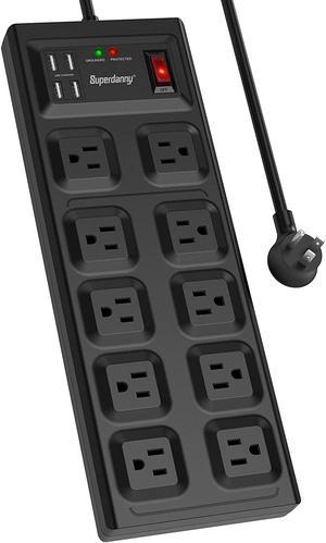 SUPERDANNY  Surge Protector Power Strip, 10 Widely Spaced Outlets & 4 USB Ports, 2800 Joule, Flat Plug, 5 Ft Extension Cord with Multiple Outlets, Overload Protection for iPhone 15 Black