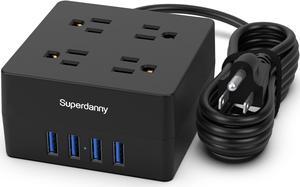 Power Strip Surge Protector - SUPERDANNY 5 Ft Extension Cord with 4 Outlets & 4 USBs, 900 Joules, Overload Switch, Grounded, Mountable, Desktop Charging Station for Home, Office,  for iPhone 15 Black