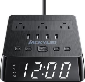 JACKYLED Alarm Clock with 4 USB Chargers Surge Protector Power Strip 3 Outlets Nightstand Dimmable Digital Clock with Dual Alarm