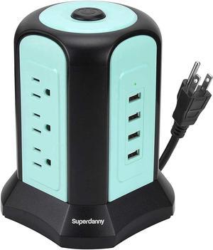 SUPERDANNY Power Strip Tower Surge Protector Desktop Charging Station, 10 Ft Extension Cord, 9 Outlets, 4 USB Ports, 1080 Joules, 3-Prong, Grounded, Multiple Protections  for iPhone 15 Blue