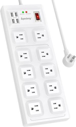 SUPERDANNY Surge Protector Power Strip, Extension Cord with Multiple Outlets, 2800J, 15A, Wide Spaced, 10 Outlet & 4 USB Ports, Flat Plug, 5Ft Extension Cord, Multi-Protection for iPhone 15 White