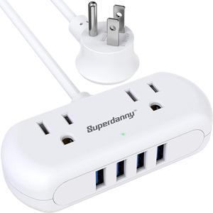 Power Strip with USB, SUPERDANNY Mini Surge Protector with 2 Wide-Spaced Outlets & 4 USB Ports, 5 Ft Extension Cord, Flat Plug, Compact Size Desktop Charging Station for Travel, Home, Office, White