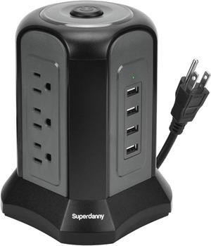 SUPERDANNY Power Strip Tower Surge Protector Desktop Charging Station 10 Ft Extension Cord 9 Outlets, 4 USB Ports, 1080 Joules, 3-Prong, Grounded, Multiple Protections for iPhone 15 Black