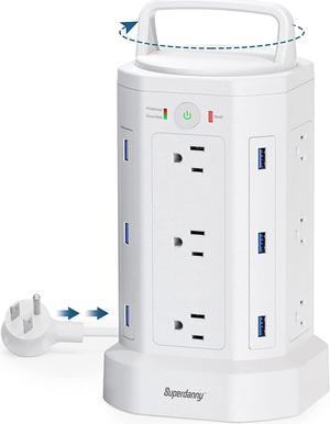 SUPERDANNY Power Strip Tower, Handle Cord Retracting, 2100J Surge Protector, 12 Widely Spaced AC Outlets 6 USBs Charger Station, 6.5ft Extension Cord
