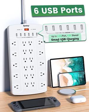 SUPERDANNY Surge Protector Power Strip with 22 Outlets & 6 USB Ports, 6.5Ft Extension Cord Flat Plug, 1875W/15A, 1050 Joules, for iPhone iPad PC Computer TV Home Office Dorm, White