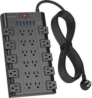 SUPERDANNY 10 Ft Long Extension Cord Power Strip Surge Protector with 6 USB Charging Ports and 22 AC Outlets 2100 Joules Flat Plug Power Outlet Black