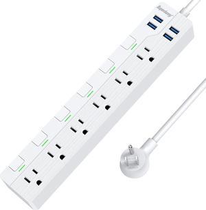 SUPERDANNY USB Surge Protector Power Strip with Individual Switches, Mountable 6.5ft Extension Cord Multiple Protection 6 Outlet 4 USB Port for iPhone iPad PC Home Office Travel Light White
