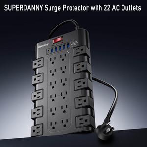 superdanny Surge Protector Power Strip with 22 AC Outlets 6 USB Ports USB-C 6.5Ft Extension Cord  for iPhone 15  for iPhone 14