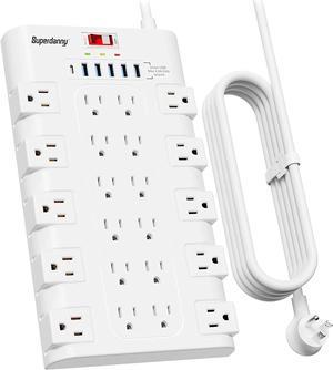 SUPERDANNY Power Strip Surge Protector with 22 AC Outlets and 6 USB Charging Ports USB-C 6.5Ft Mountable Flat Plug Extension Cord (1875W/15A) for Home, Office, Dorm, Gaming Room, 2100 Joules, White