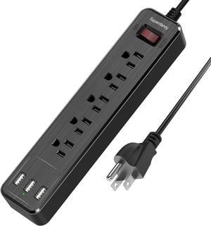 SUPERDANNY Surge Protector Power Strip 5 AC Outlet 3 USB Ports 4.5 Ft Extension Cord Mountable Black