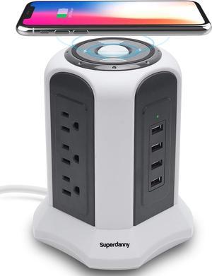 SUPERDANNY Surge Protector Tower Power Strip Wireless Charger Outlet 4 USB Ports Electrical Charging Station 10ft Extension Cord