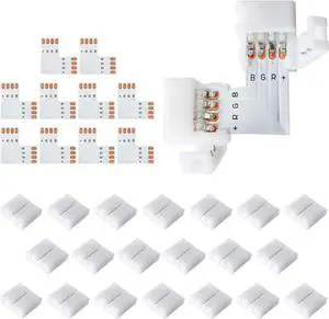 L Shape 4-Pin LED Connectors 10-Pack with 22Pcs Clips 10mm for Strip Lights