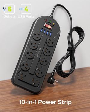 JACKYLED Surge Protector  Power Strip 10 AC 4 USB Ports Power Outlet Strip 6Ft Extension Cord