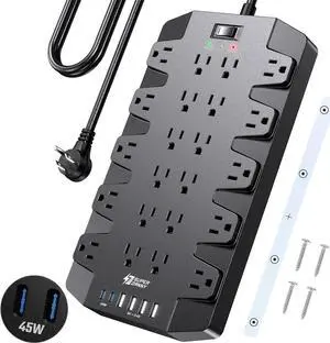 SUPERDANNY Power Strip Surge Protector 45W PD USB-C Fast Charging 22 AC Outlet 6.5ft Extension Cord