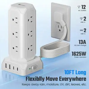 35W Surge Protector Strip Tower, 12 AC Outlet Surge Protector, 4 USB Charging Station with 10ft Extension Cord, White