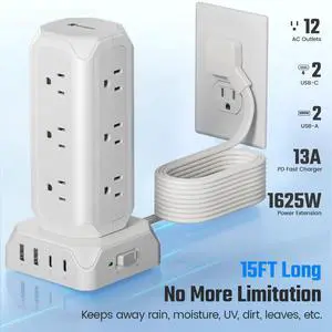 Suprdanny 35W Surge Protector Strip Tower, 12-Outlet Surge Protector with 2 USB-A , 2 USB-C Ports, USB Charging Station with 15ft Extension Cord, White