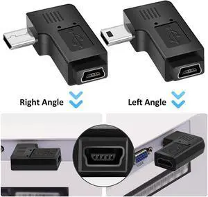 USB 2.0 Adapter Plug - Left and Right Angle Mini to Mini - Male to Female - Pack of 2