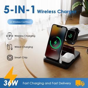 5 in 1 Wireless Charger for Multiple Devices, 36W Fast Charging Station, Wireless Phone Charger Stand, USB-A & USB-C Ports, Compatible with Apple Watch, AirPods, iPhone 15/14/13/12/11 Series