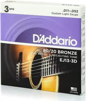 D'Addario EJ13 80/20 Bronze Acoustic Guitar Strings Set, Custom Light, 3-Pack