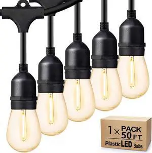 SMY Lighting Outdoor String Lights 1 Pack of 50ft, 15 xE26 Outlets, 15 S14 Shatterproof Bulbs, 1 Watt Dimmable 2700K Warm White, IP65 Water Resistant, Commercial Grade Garden Light