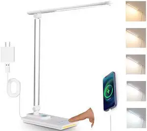 LED Desk Lamp with 5 Color Temperatures | Sliding Stepless Dimming & One-Touch Timer | Foldable & Portable Design for Office/Study/Nail Art | USB Charging & Four-Axis Rotation for Small Desks