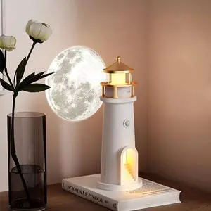 Moon Lighthouse Projector Night Light with Motion Sensor - Rechargeable Desk Lamp, Children's Moon Light, Bedroom, Nursery Decoration - Perfect Christmas, Boys' and Girls' Birthday Gifts