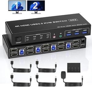 USB 3.0 HDMI Dual Monitor KVM Switch for 4 PCs, Supports EDID, 4K 60Hz KVM Switch 2 Monitors 4 Computers, with Audio Microphone Output and 3 USB 3.0 Ports, PC Monitor Keyboard Mouse Switcher for 4 PC